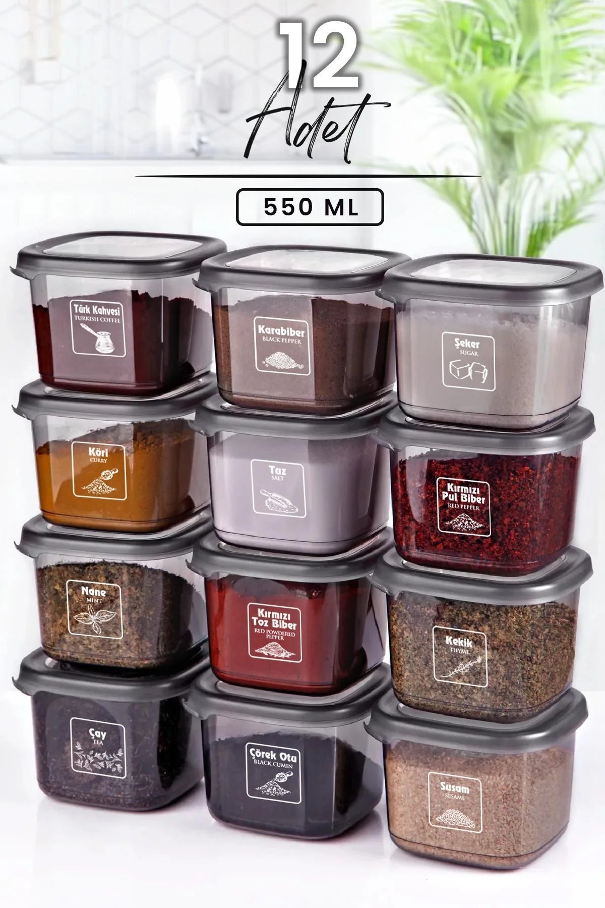 Kitchen Life 12 Adet Square Etiketli Ve Kaşıklı Baharatlık Takımı Seti 550 ml - 12 li Sert Kapaklı Baharat Seti