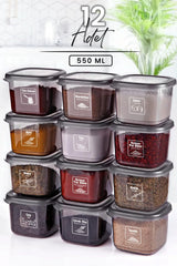 Kitchen Life 12 Adet Square Etiketli Ve Kaşıklı Baharatlık Takımı Seti 550 ml - 12 li Sert Kapaklı Baharat Seti