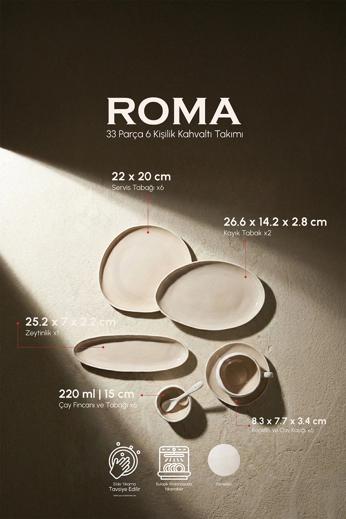 PEROTTİ Roma Beige 33 Parça 6 Kişilik Porselen Kahvaltı Takımı