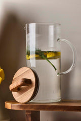 PEROTTİ Acacia 1300 ml Akasya Vakum Kapak Borosilikat Yuvarlak Cam Sürahi 10x22 Cm