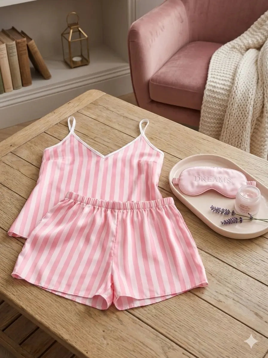 Kadın Pembe Çizgili Saten Askılı Şortlu Pijama Takımı