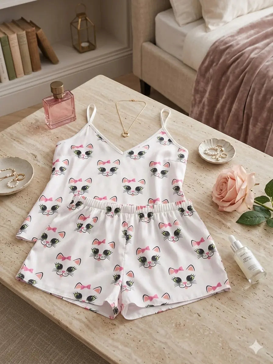 Kadın Kedi Desenli Saten Askılı Şortlu Pijama Takımı