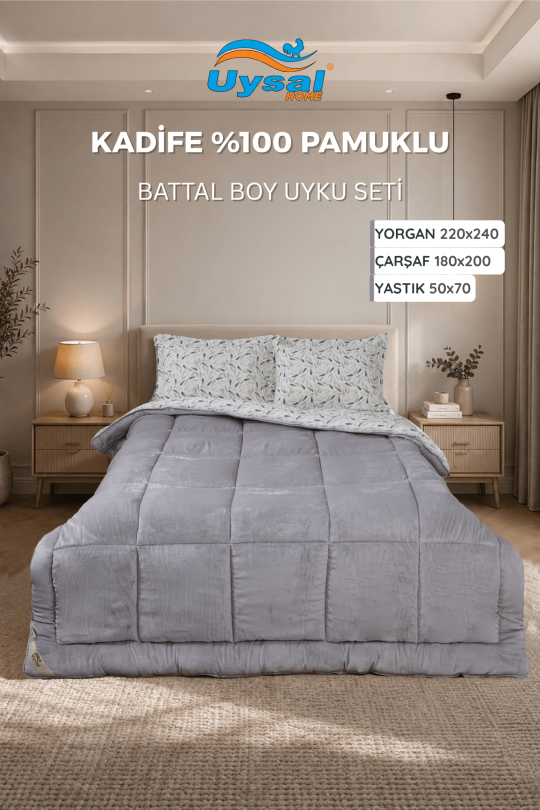 Uysal Home Kadife Uyku Seti %100 Pamuklu Gri Battal Boy