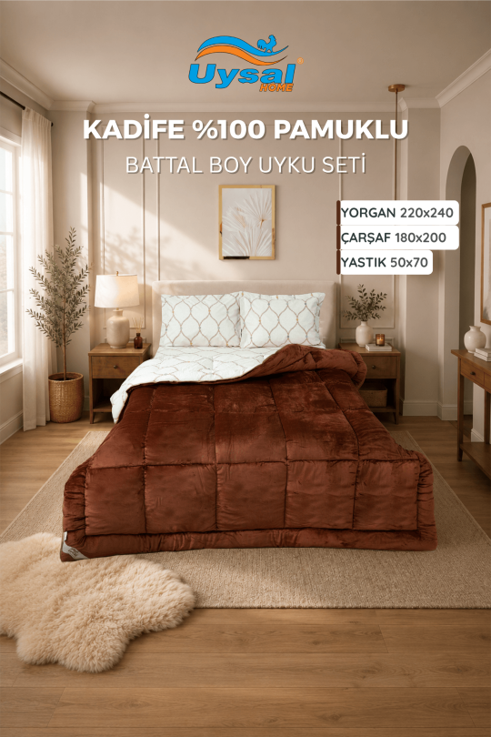 Uysal Home Kadife Uyku Seti %100 Pamuklu Kahverengi Battal Boy
