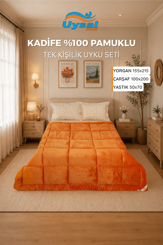 Uysal Home Kadife Uyku Seti %100 Pamuklu Turuncu Tek Kişilik