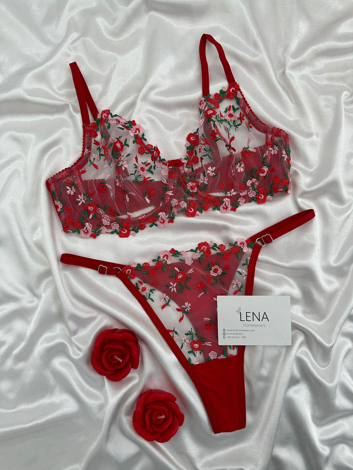 Kırmızı Yeşil çiçek işlemeli Bralet takımı
