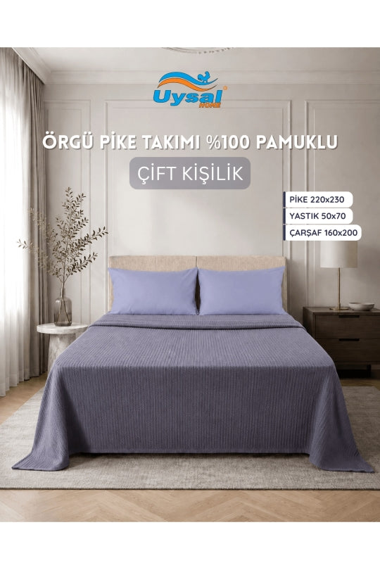Uysal Home Örgü Pike Takımı %100 Pamuklu Antrasit Çift Kişilik