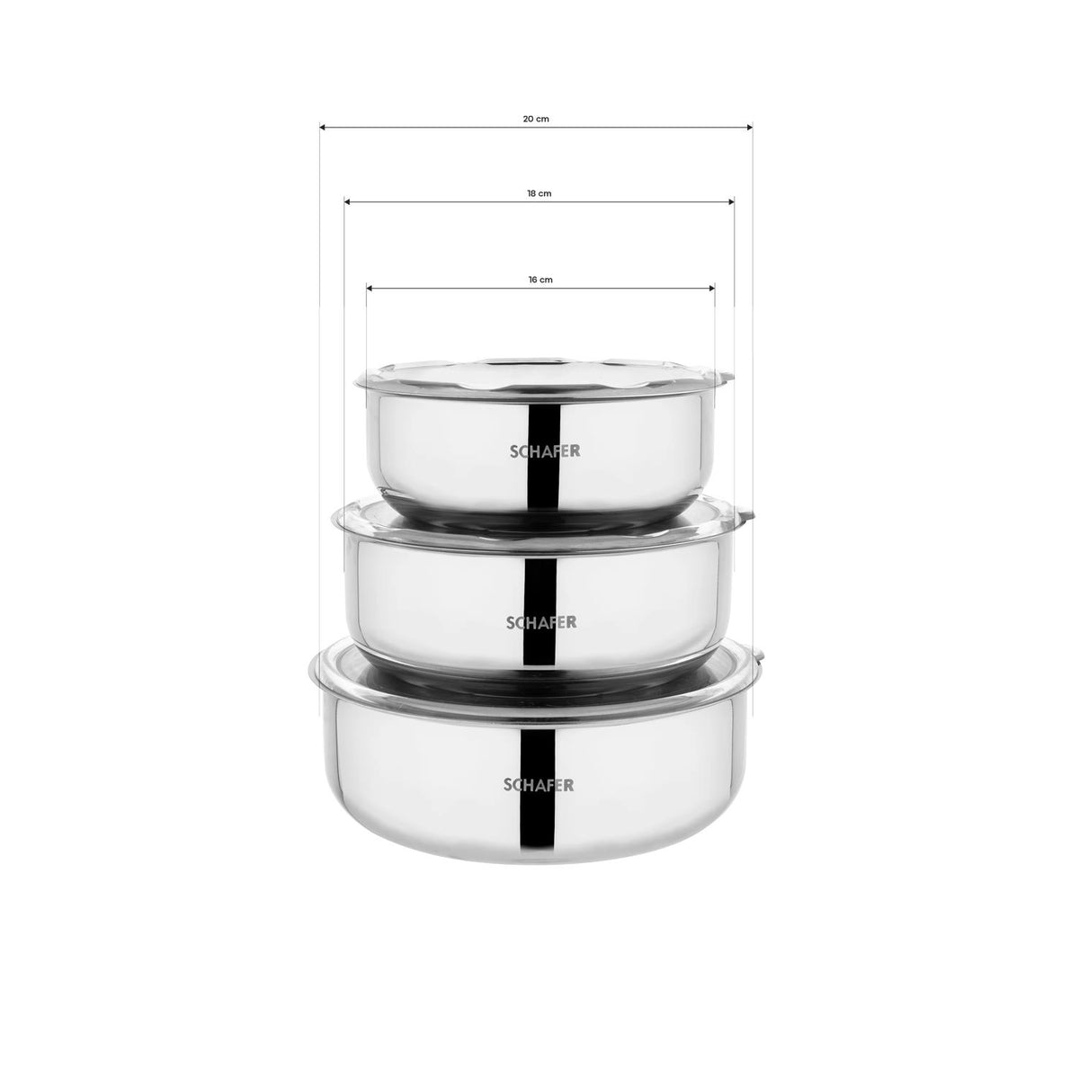 Schafer Practi 3 lü Çelik Saklama Kabı (16-18-20 Cm)-6 Parça-Inox