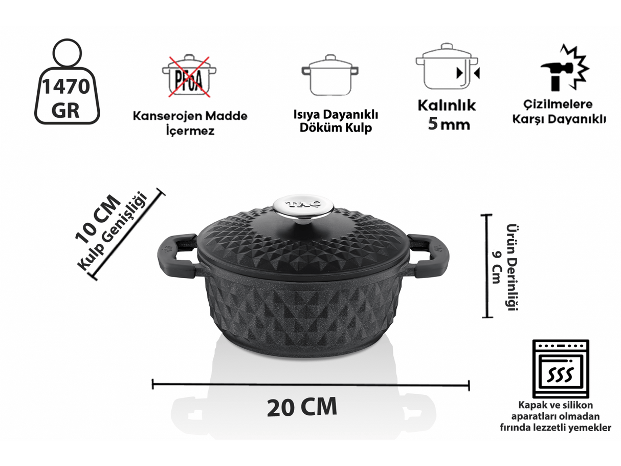 Taç Carabella İndüksiyon Tabanlı Döküm Kapak 7 Parça Tencere Seti Siyah
