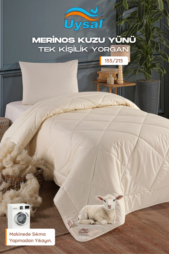 Uysal Home Merinos Kuzu Yünü Yorgan Pamuklu Akfil Krem Tek Kişilik