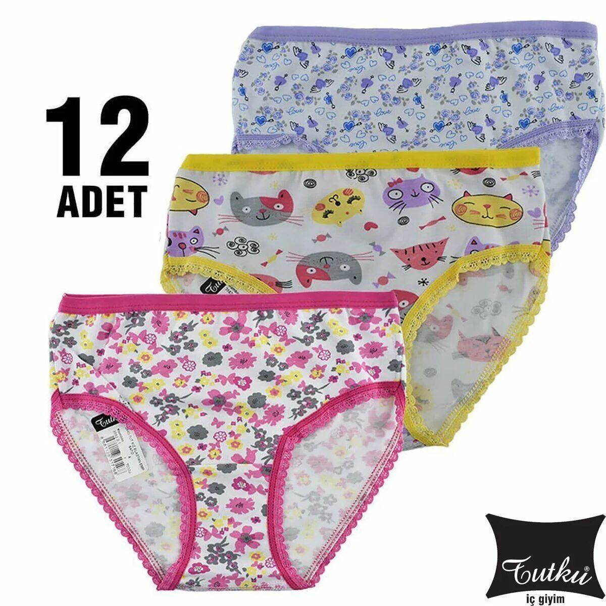 Tutku Elestan Empirme Kız Çocuk Slip Külot 12'li Karışık Renk