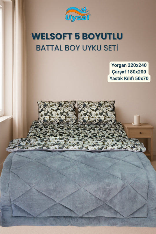 Uysal Home Welsoft Uyku Seti %100 Pamuklu 5 Boyutlu Gri Battal Boy