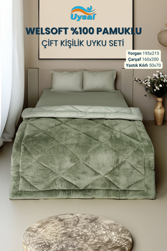 Uysal Home Welsoft Uyku Seti %100 Pamuklu Akfil Yeşil Çift Kişilik