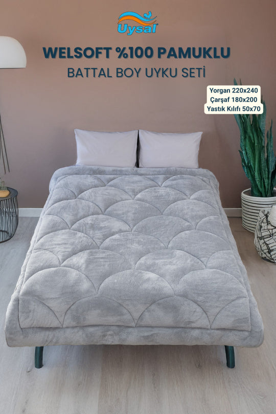 Uysal Home Welsoft Uyku Seti %100 Pamuklu Akfil Midye Desen Gri Battal Boy