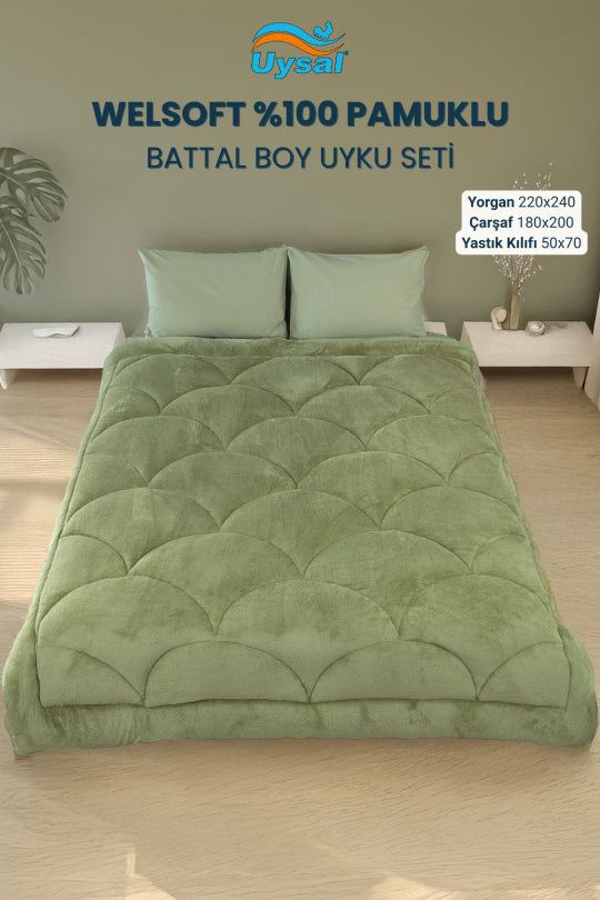 Uysal Home Welsoft Uyku Seti %100 Pamuklu Akfil Midye Desen Yeşil Battal Boy