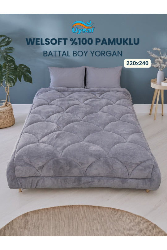Uysal Home Welsoft Yorgan %100 Pamuklu Akfil Midye Desen Antrasit Battal Boy