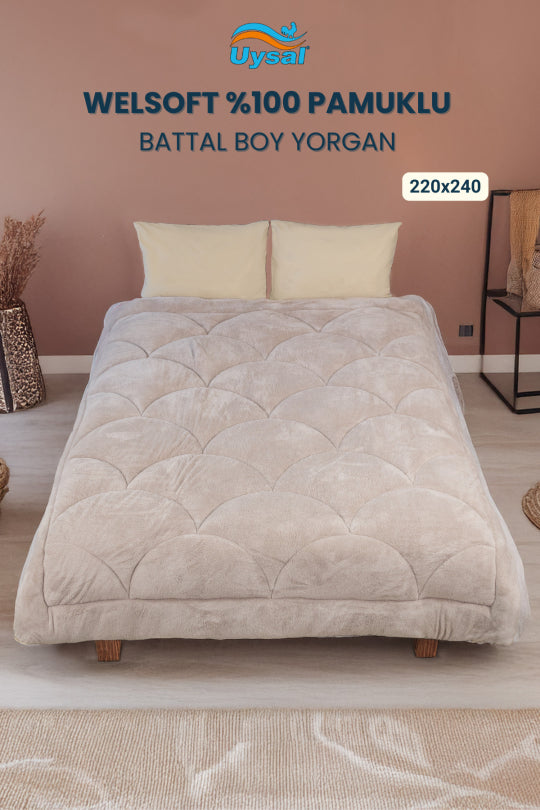 Uysal Home Welsoft Yorgan %100 Pamuklu Akfil Midye Desen Bej Battal Boy