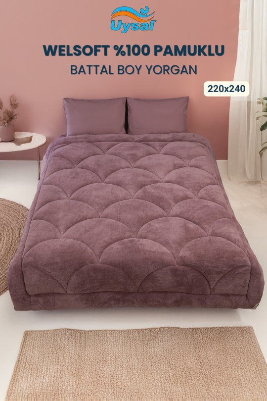 Uysal Home Welsoft Yorgan %100 Pamuklu Akfil Midye Desen Gül Kurusu Battal Boy