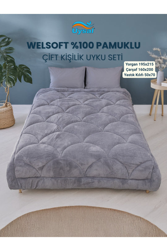Uysal Home Welsoft Uyku Seti %100 Pamuklu Akfil Midye Desen Antrasit Çift Kişilik