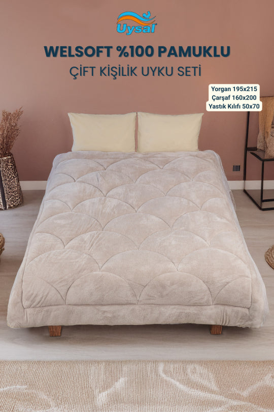 Uysal Home Welsoft Uyku Seti %100 Pamuklu Akfil Midye Desen Bej Çift Kişilik