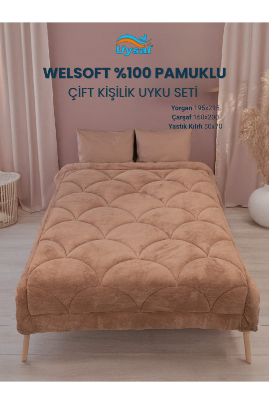 Uysal Home Welsoft Uyku Seti %100 Pamuklu Akfil Midye Desen Kahverengi Çift Kişilik