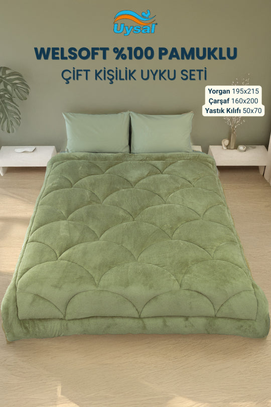 Uysal Home Welsoft Uyku Seti %100 Pamuklu Akfil Midye Desen Yeşil Çift Kişilik
