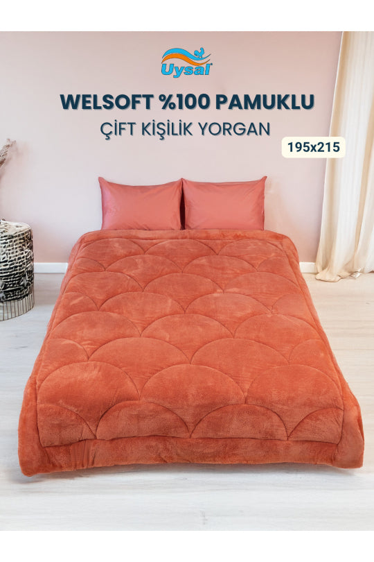 Uysal Home Welsoft Yorgan %100 Pamuklu Akfil Midye Desen Turuncu Çift Kişilik