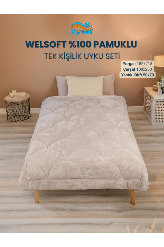 Uysal Home Welsoft Uyku Seti %100 Pamuklu Akfil Midye Desen Bej Tek Kişilik