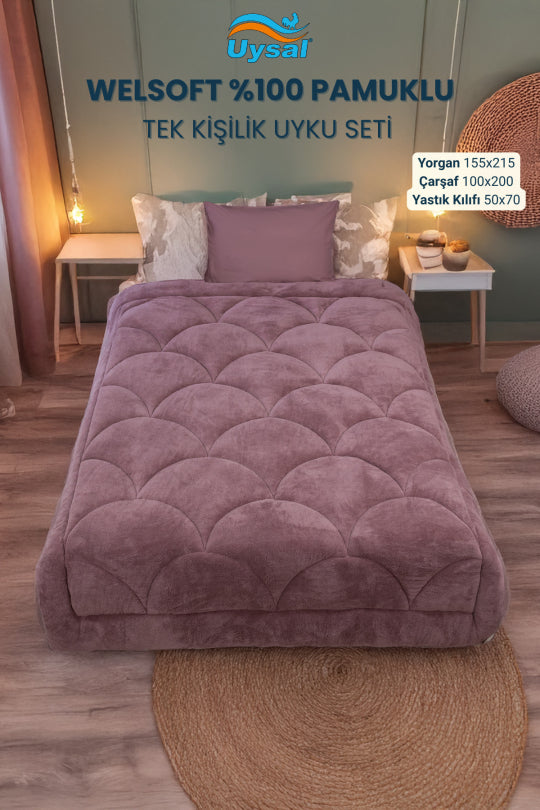 Uysal Home Welsoft Uyku Seti %100 Pamuklu Akfil Midye Desen Gül Kurusu Tek Kişilik