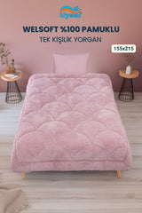 Uysal Home Welsoft Yorgan %100 Pamuklu Akfil Midye Desen Pudra Tek Kişilik