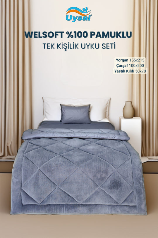 Uysal Home Welsoft Uyku Seti %100 Pamuklu Akfil Antrasit Tek Kişilik