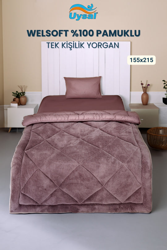 Uysal Home Welsoft Yorgan %100 Pamuklu Akfil Gül Kurusu Tek Kişilik