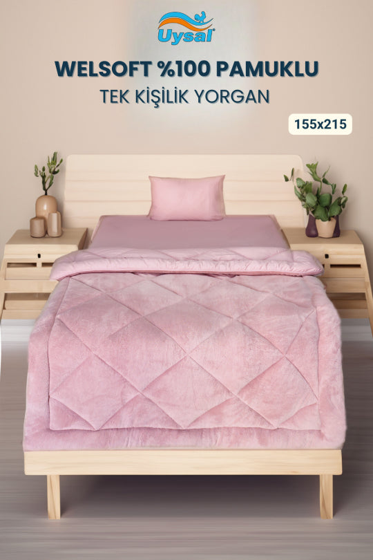Uysal Home Welsoft Yorgan %100 Pamuklu Akfil Pudra Tek Kişilik