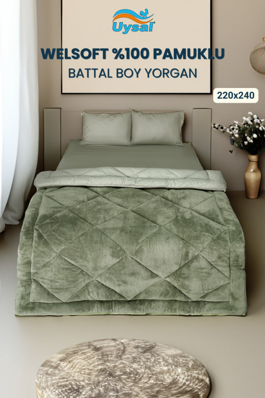 Uysal Home Welsoft Yorgan %100 Pamuklu Akfil Yeşil Battal Boy