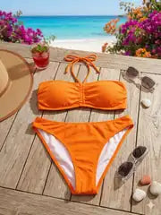 Kadın Turuncu Boyundan Bağlamalı Bikini Deniz Takımı
