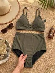 Kadın Yeşil Yüksek Bel Bikini Deniz Takımı
